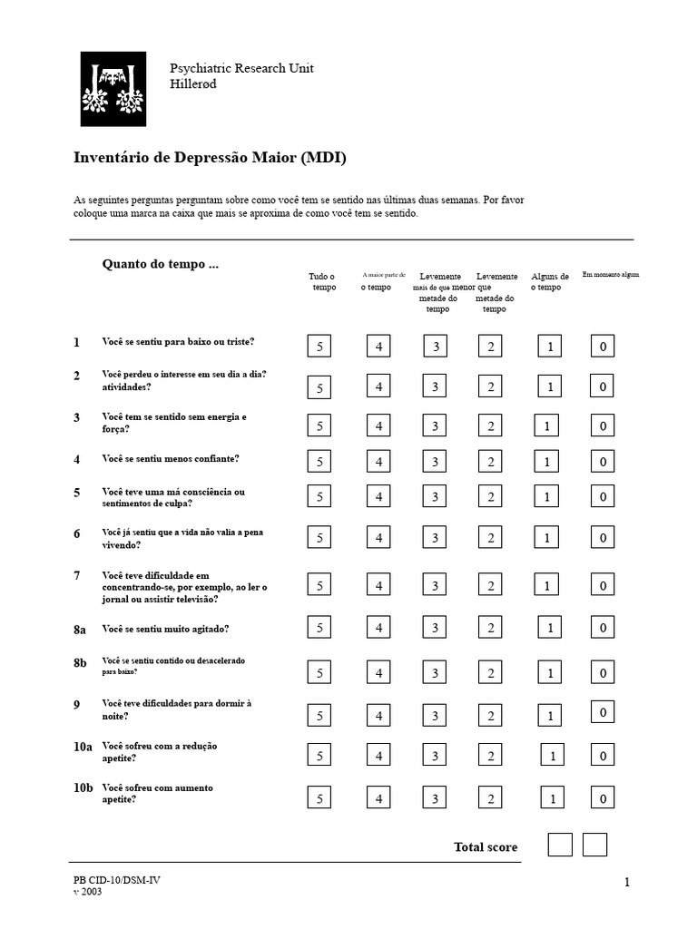 Inventário de Depressão Maior (MDI) | PDF | Depressão | Manual ...