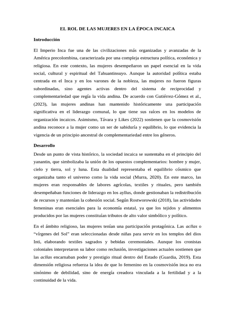 Ensayo - El Rol de Las Mujeres en La Época Incaica | PDF | Imperio Inca