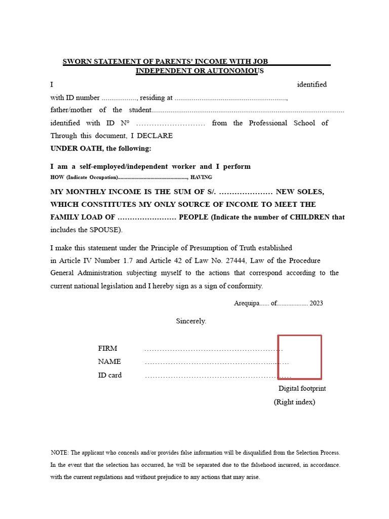 Sworn Income Statement for Parents | PDF