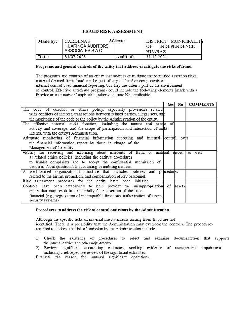 Fraud Risk Assessment for Municipality | PDF | Internal Control | Risk ...