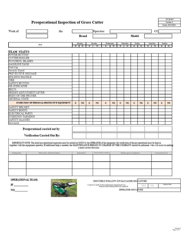 Grass Cutter Preoperational Inspection Checklist | PDF | Lawn Mower