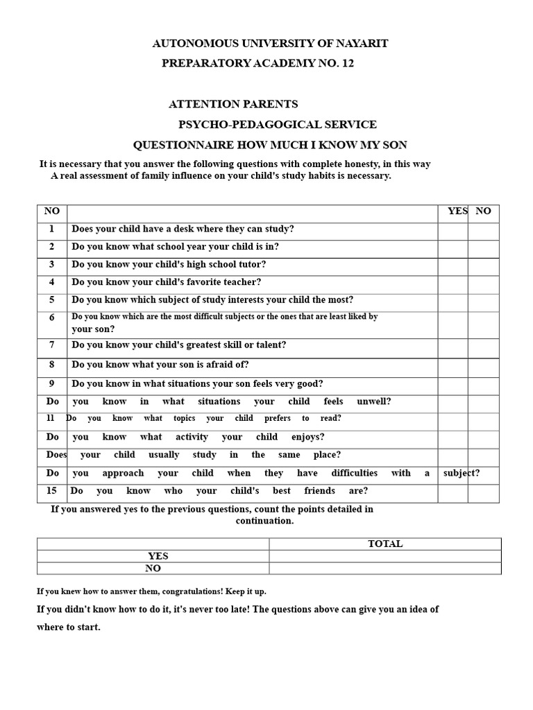 Questionnaire for Parents | PDF
