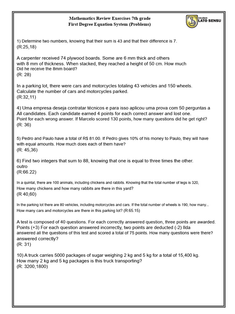 7th Grade Math Review Exercises | PDF