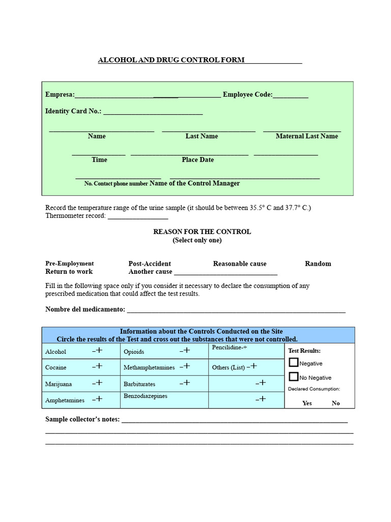 Alcohol and Drug Control Form | PDF | Drug Test | Medical Treatments