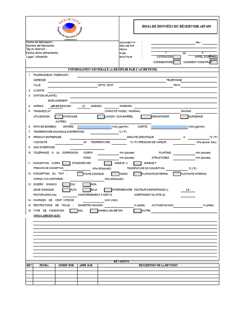 Fiche Technique Réservoir API 650 Prointeca 2021 | PDF