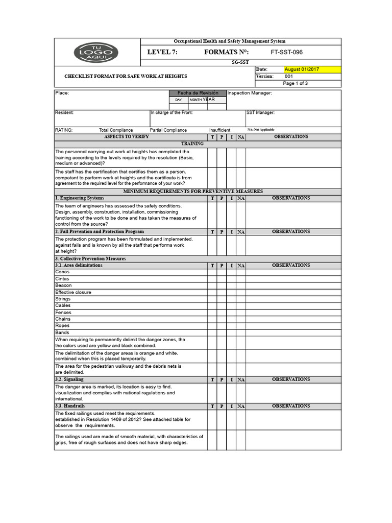 Safe Work at Heights Checklist | PDF | Personal Protective Equipment ...