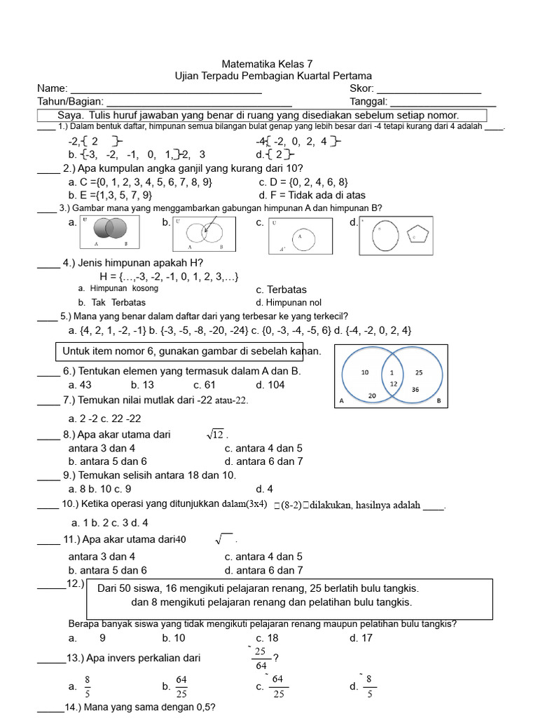 Ujian Matematika Kelas 7: Pembagian Kuartal 1 | PDF