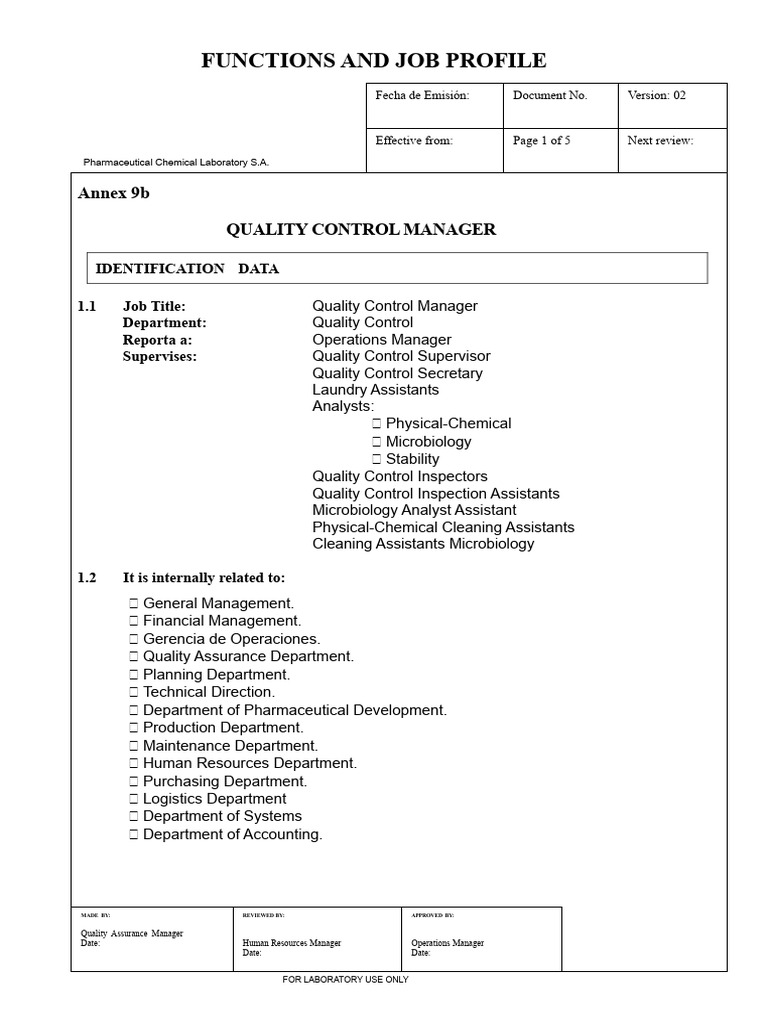 Quality Control Manager Job Profile | PDF | Verification And Validation ...