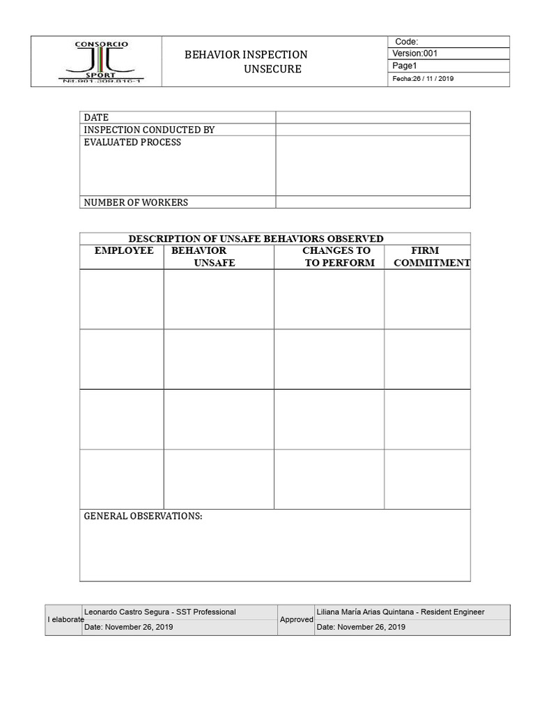 Format For Inspecting Safe Behaviors | PDF