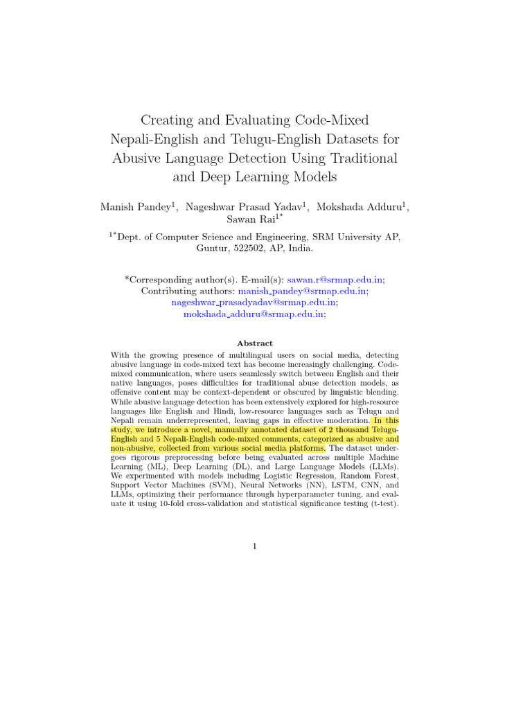 Code-Mixed Dataset for Abusive Language Detection | PDF | Support ...