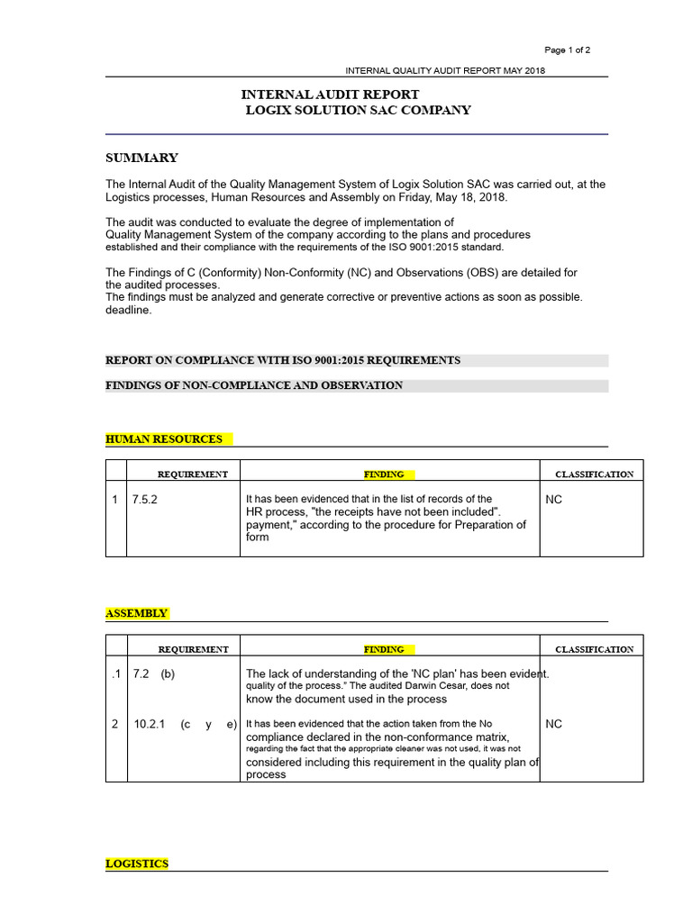 Internal Audit Report May 2018 | PDF | Audit | Quality Management System
