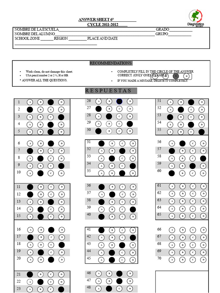 Answer Sheet 6° Key | PDF | Evaluation | Tests