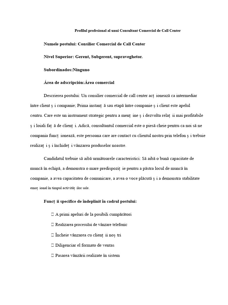 Profilul Profesional Al Unui Consilier Comercial de Call Center | PDF