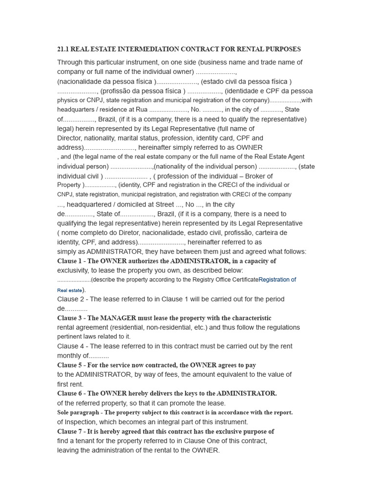 Real Estate Intermediation Contract For Rental Purposes | PDF | Lease ...