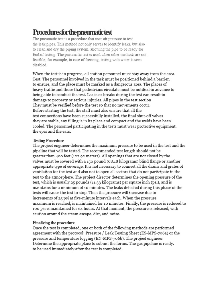 Pneumatic Testing Procedures for Pipelines | PDF | Leak | Pipe (Fluid ...