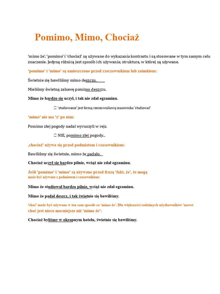 Ćwiczenie: Pomimo I Chociaż | PDF