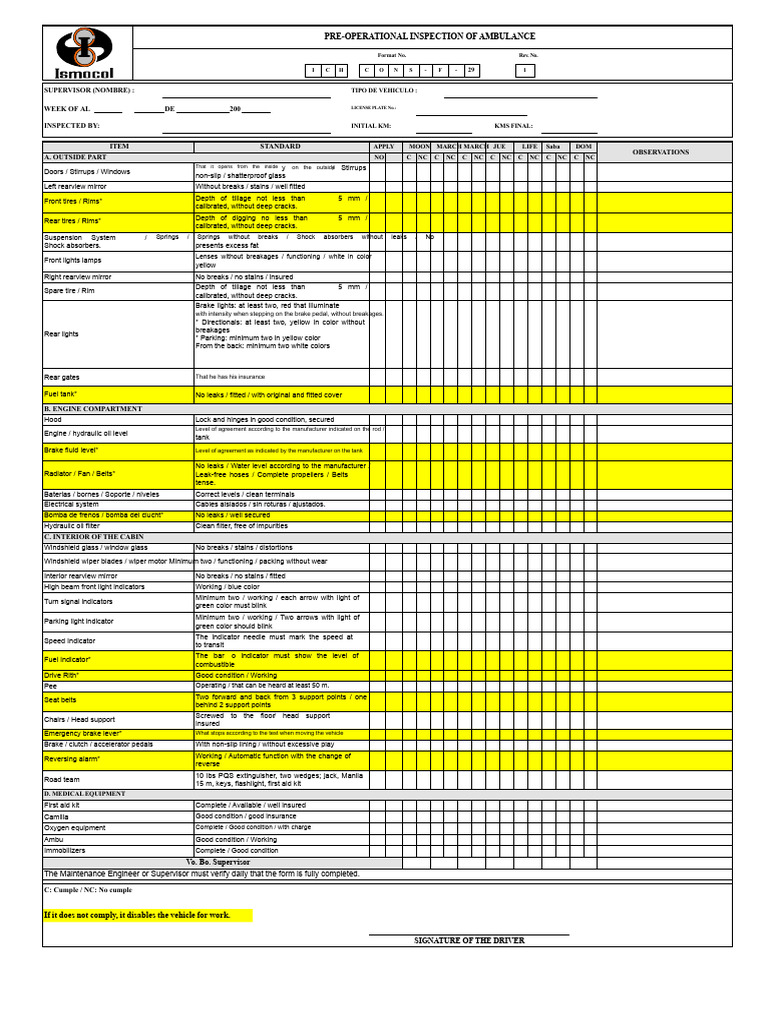 Ambulance Pre-Operational Inspection Checklist | PDF | Automotive ...