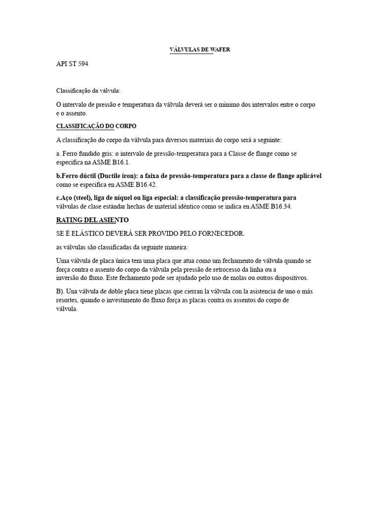 Classificação de Válvulas de Wafer API 594 | PDF | Válvula | Engenharia ...