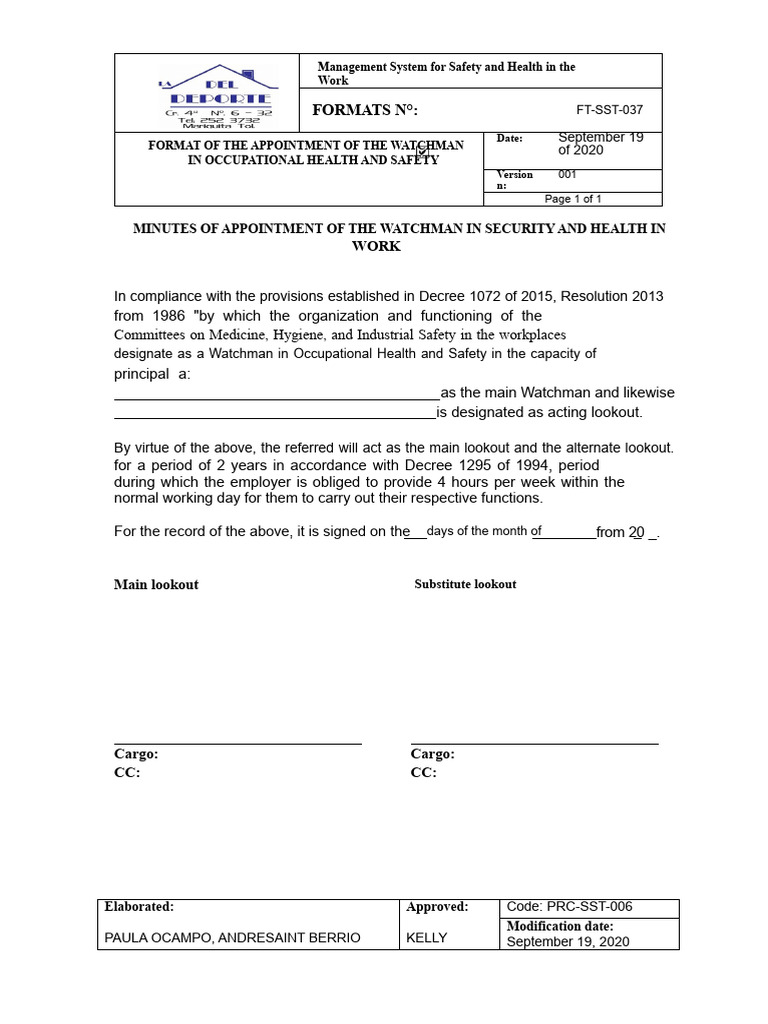 Watchman Appointment in Occupational Safety | PDF