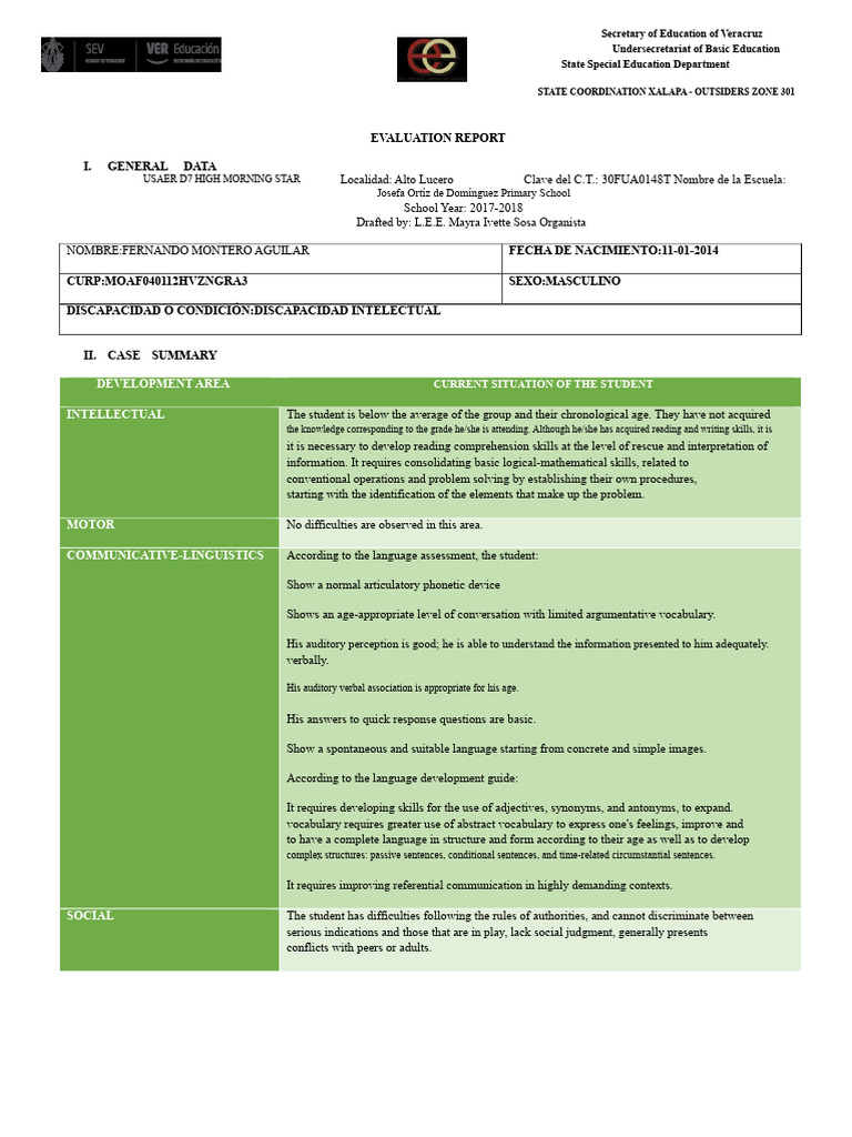 Evaluation Report for Student with Disabilities | PDF | Reading ...
