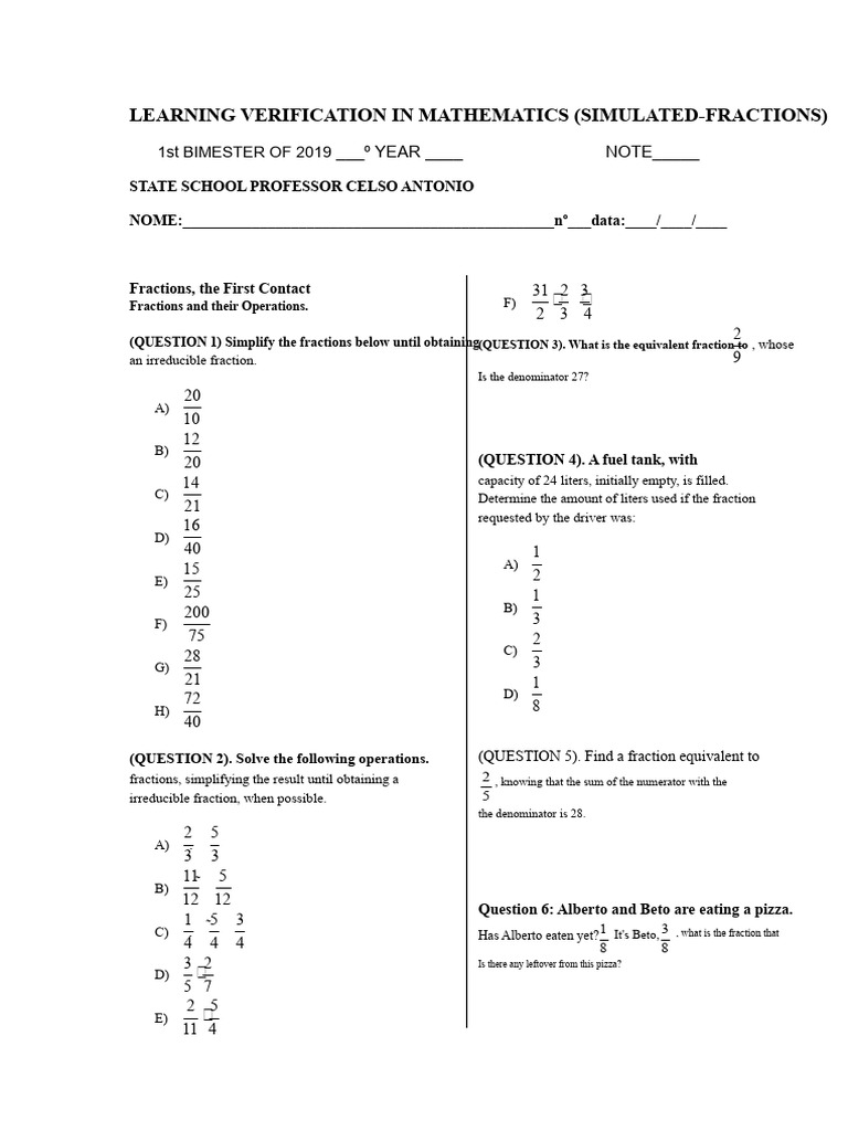 Activity Simulated Fractions 7th Grade A 2019 | PDF | Discrete ...
