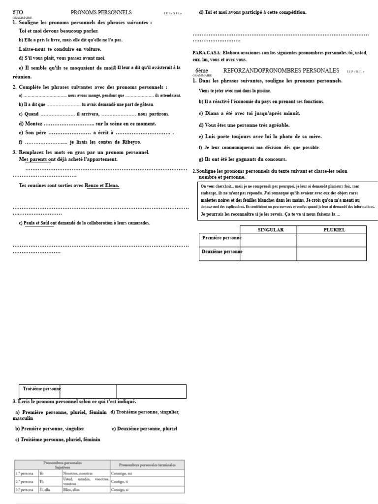 Exercices sur les pronoms personnels | PDF | Nombre grammatical ...