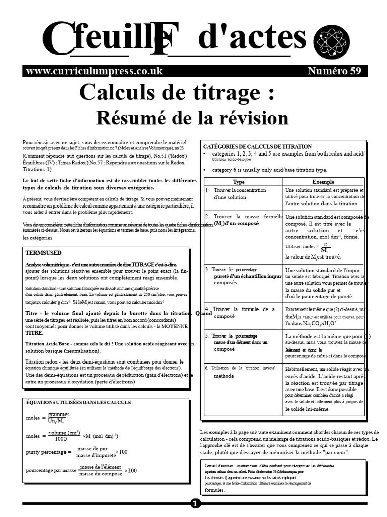 Calculs de Titration : Guide Complet | PDF | Titrage | Chimie