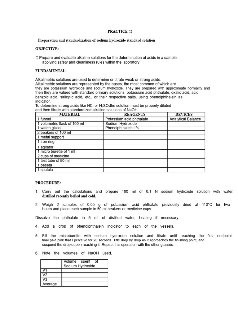 Sodium Hydroxide Solution Preparation | PDF | Titration | Chemistry