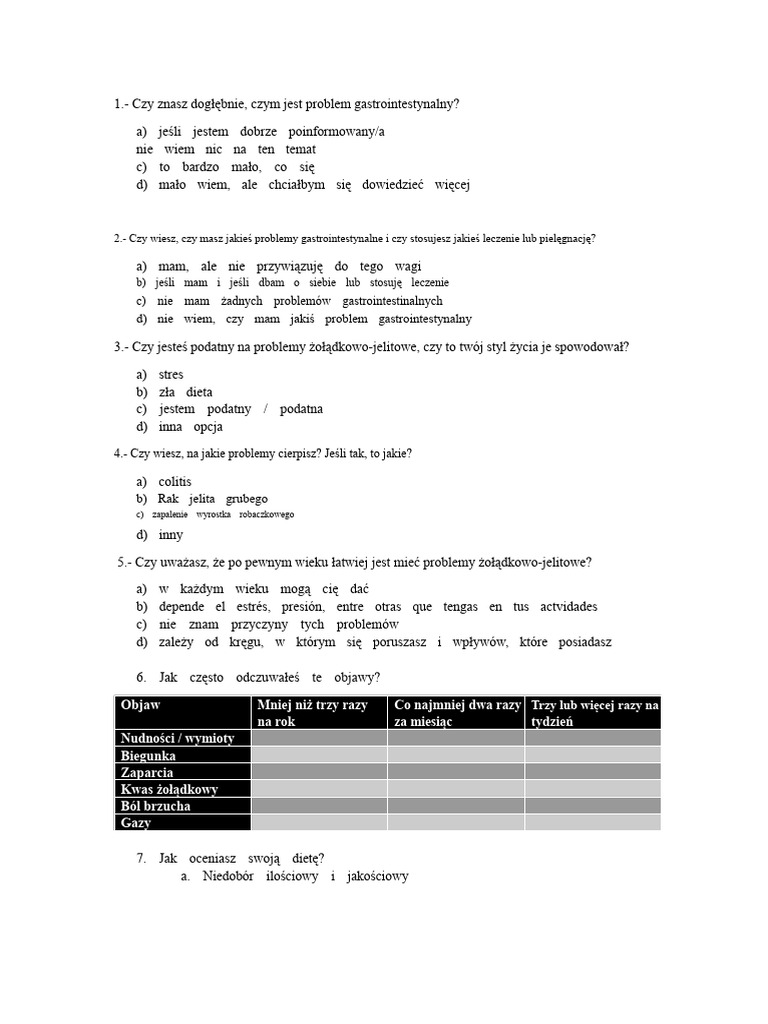 Kwestionariusz Problemy Gastrointestinalne | PDF