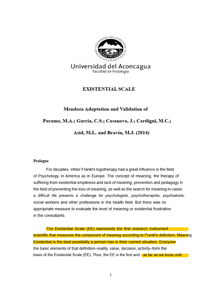 Mendoza Adaptation of Existential Scale | PDF | Sampling (Statistics ...