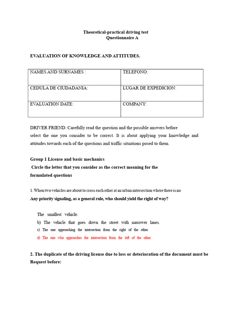 Driving Test Knowledge Evaluation Guide | PDF | Traffic | Intersection ...