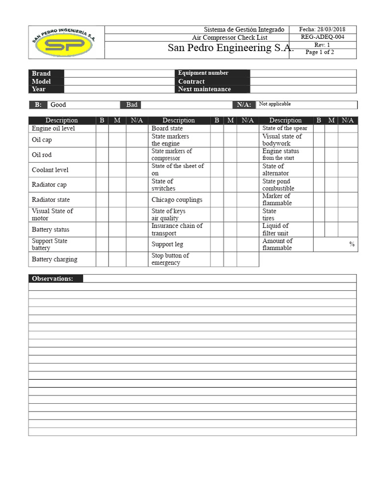 REG-ADEQ-004 - AIR COMPRESSOR CHECKLIST | PDF | Engines | Radiator