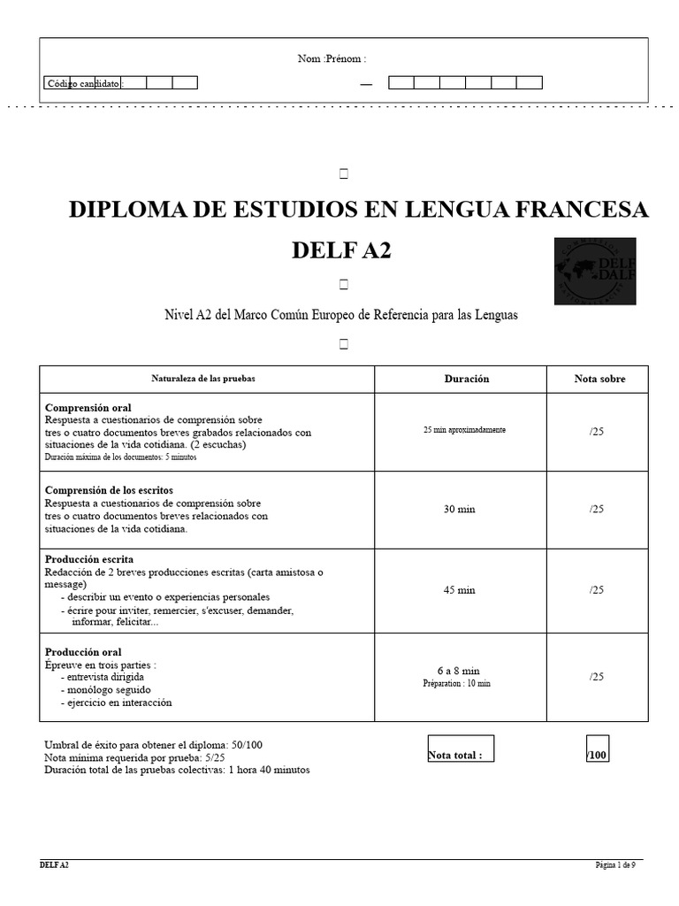 Guía DELF A2: Estructura y Pruebas | PDF