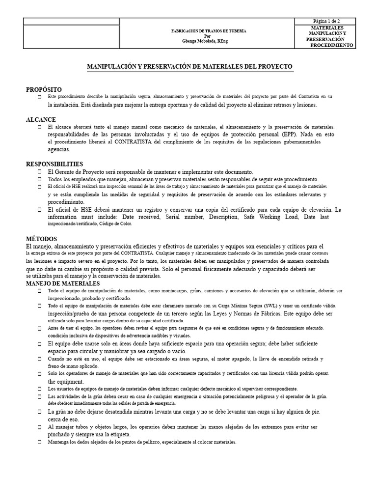 Procedimiento de Manejo y Preservación de Materiales | PDF