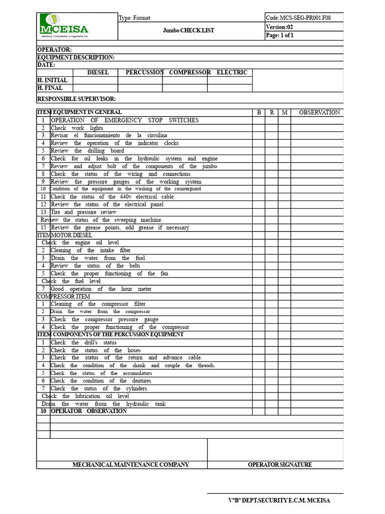 Jumbo Equipment Maintenance Checklist | PDF