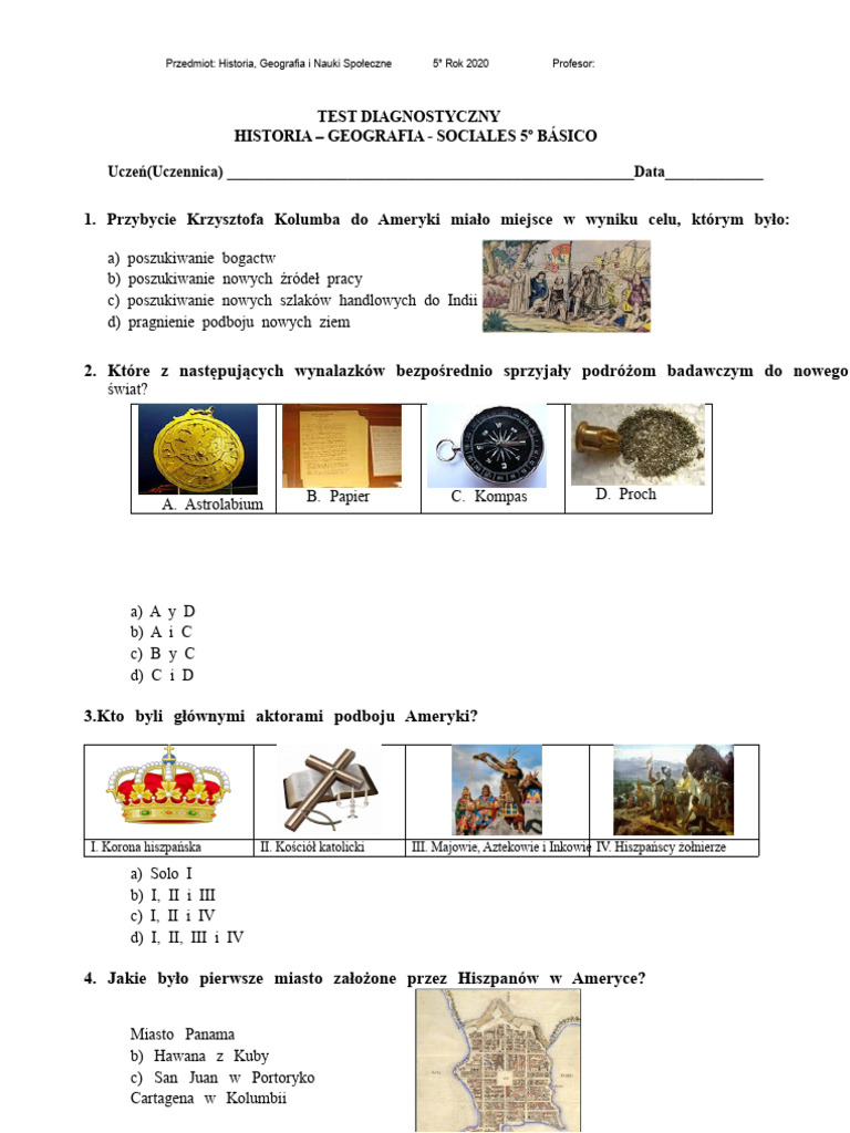 Test Diagnostyczny Z Historii Klasy 5 Z Wskazówką | PDF