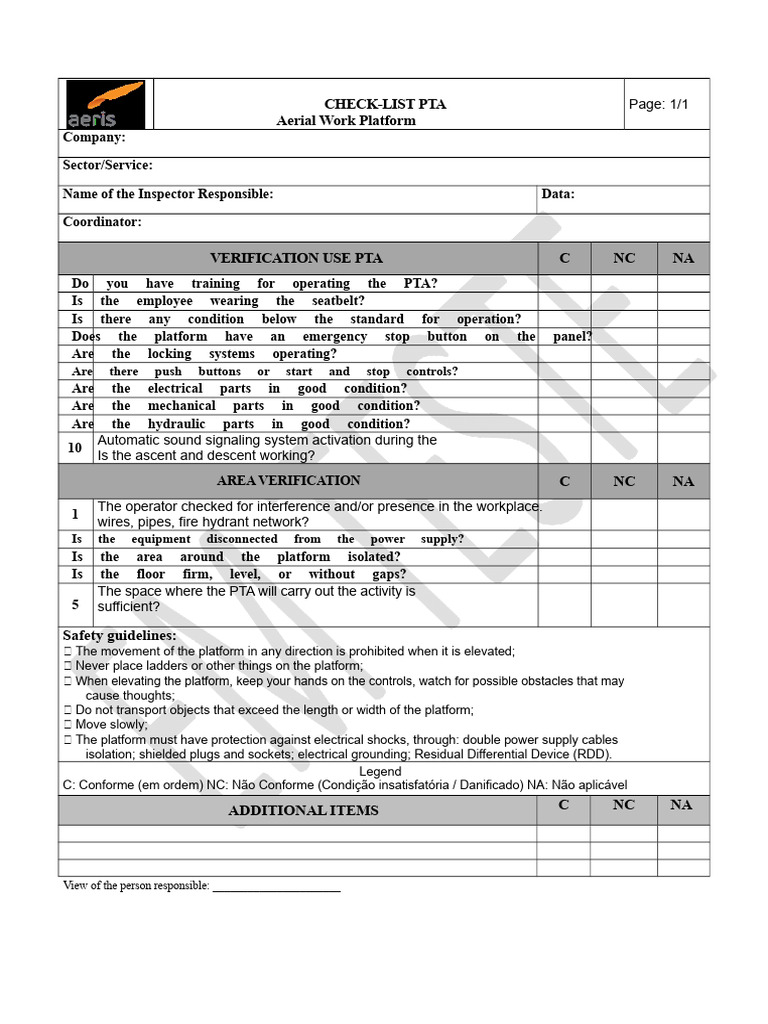 Aerial Work Platform Safety Checklist | PDF