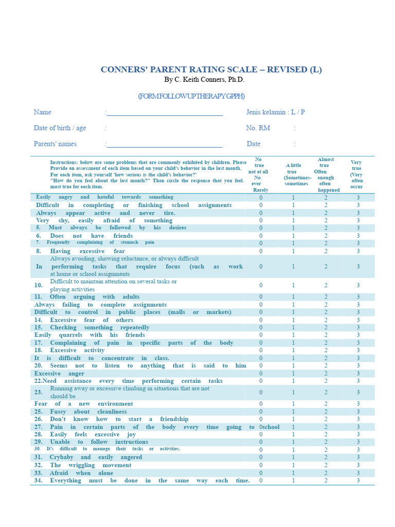 Conners' Parent Rating Scale Overview | PDF | Psychology | Behavioural ...