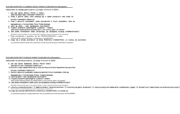Dział Pokoi I Zarządzanie | PDF