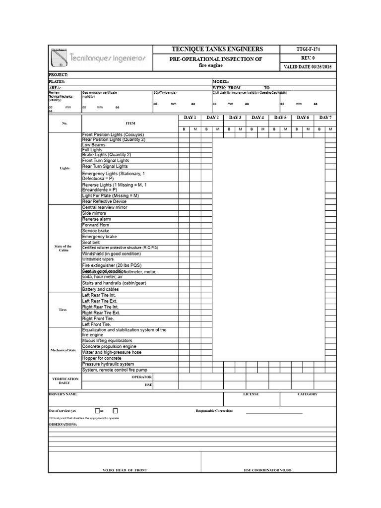 Fire Engine Pre-Operational Inspection Checklist | PDF | Truck ...