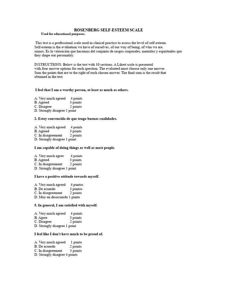 Rosenberg Self-Esteem Scale Test | PDF | Likert Scale | Self Esteem