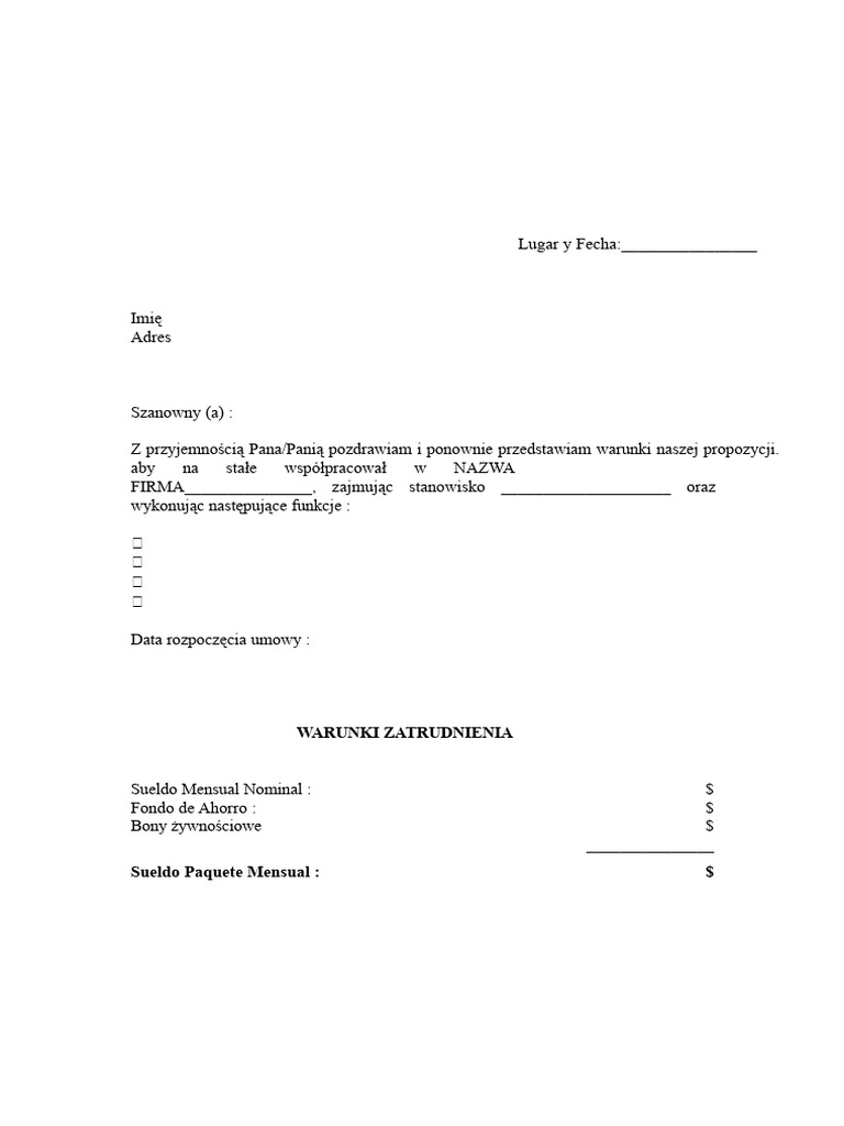 Format Listu Propozycja Wynagrodzenia, Świadczenia | PDF