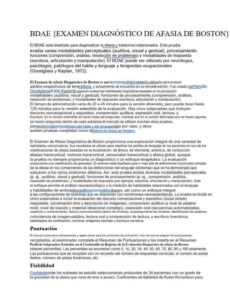 Examen BDAE: Diagnóstico de Afasia | PDF | Afasia | Comunicación humana