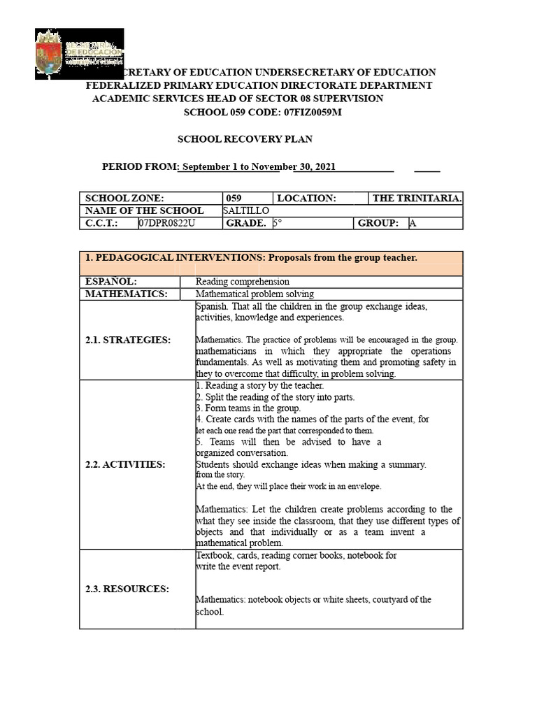 School Recovery Plan for Grade 5 | PDF | Mathematics | Cognition