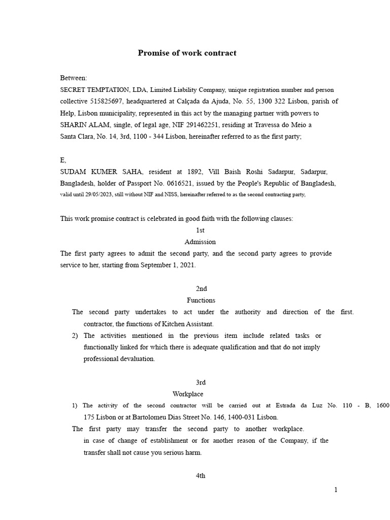 Work Contract for Kitchen Assistant | PDF | Employment | Business