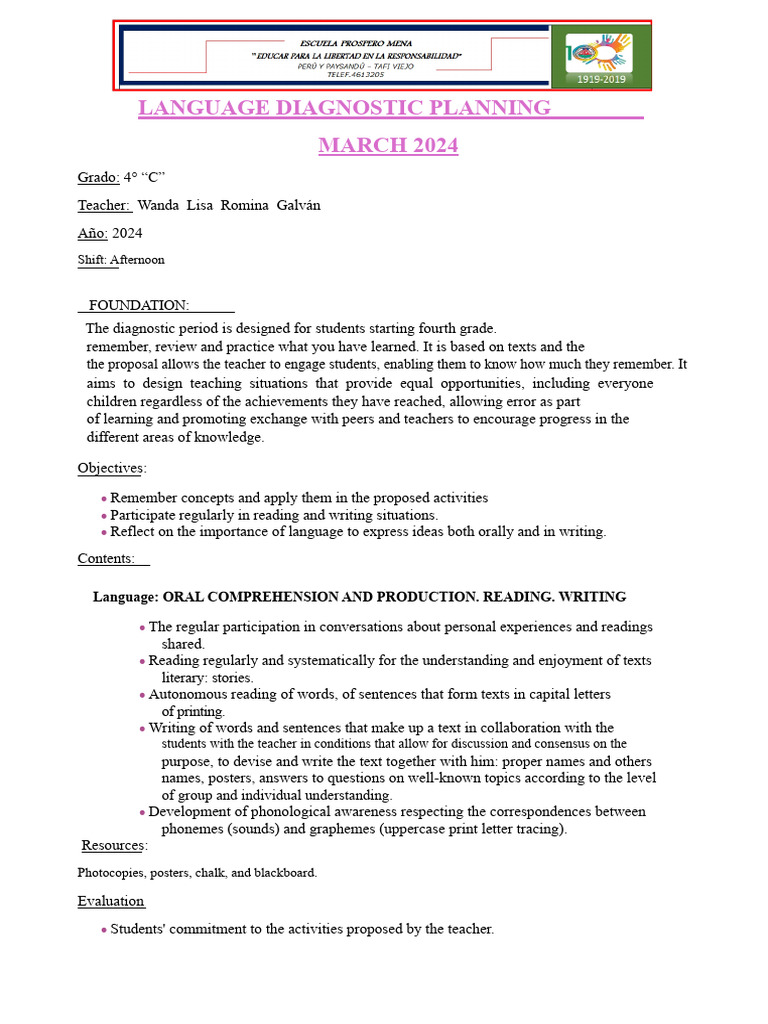 Fourth Grade Language Diagnostic Plan | PDF | Argentina | Reading ...