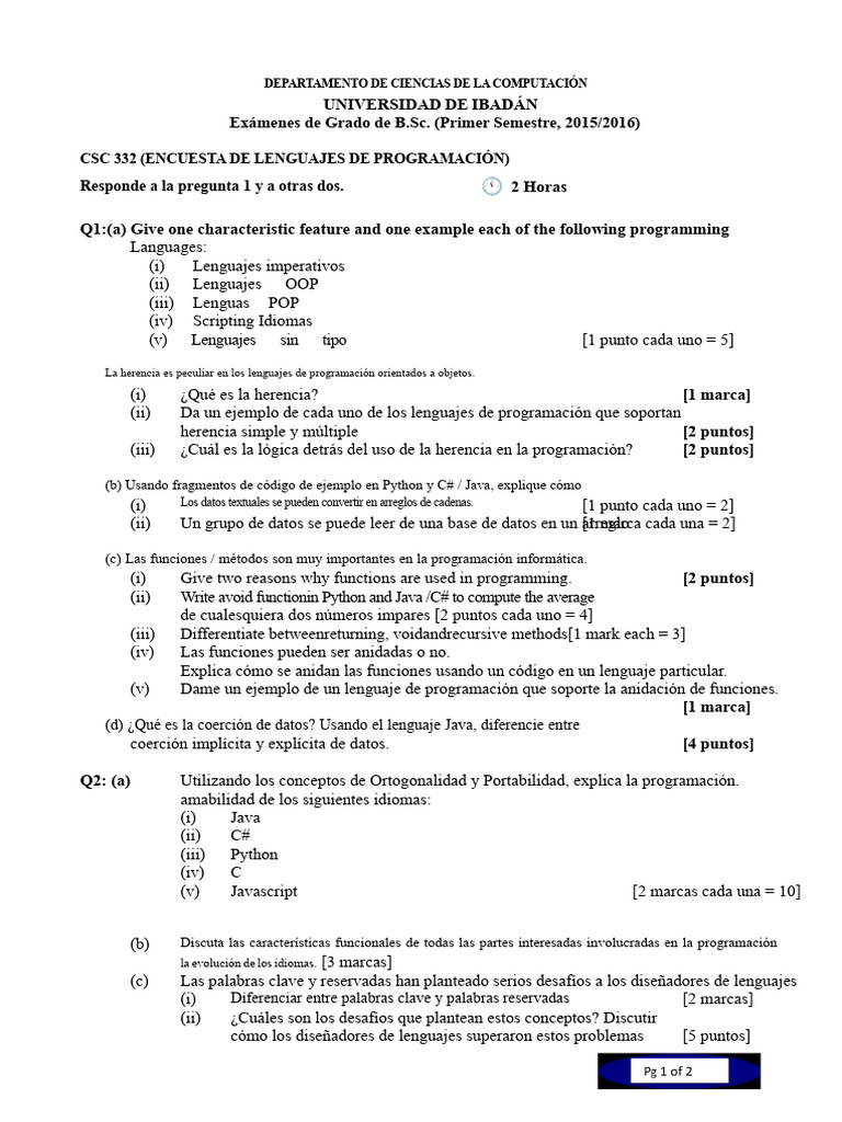CSC 332 Preguntas Pasadas y Esquema de Calificación | PDF | Lenguaje de ...