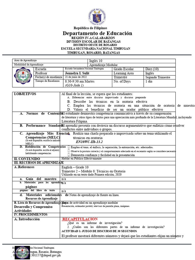 Cot 1 G10 | PDF | Hablar en público | Aprendizaje