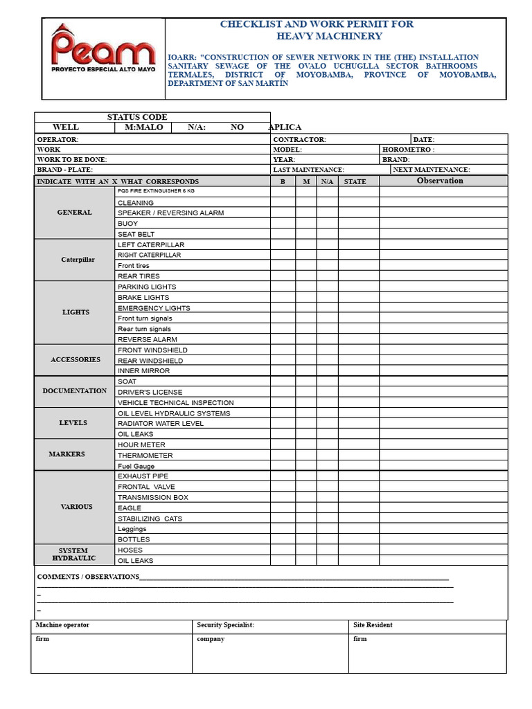 Heavy Machinery Work Permit Checklist | PDF | Sanitary Sewer | Vehicles