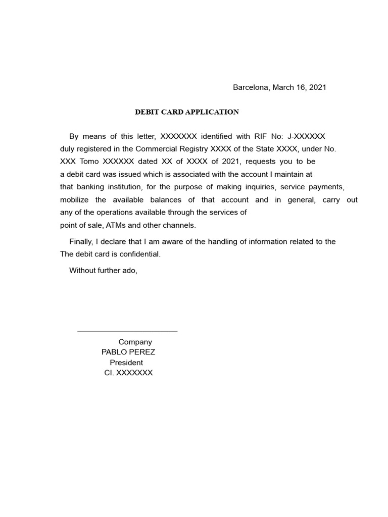 Debit Card Application Request Letter | PDF